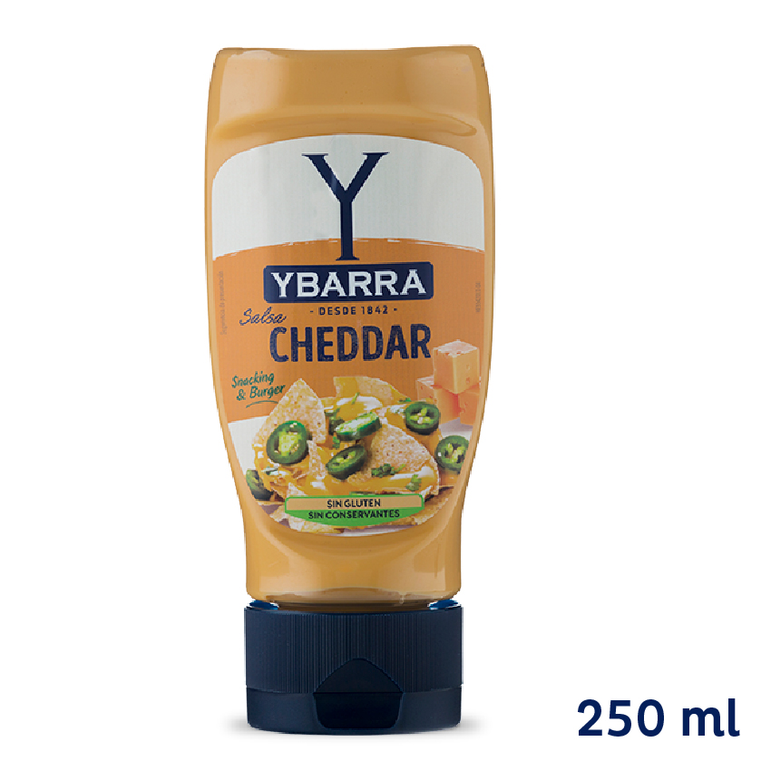 Salsa Cheddar bote boca abajo Ybarra